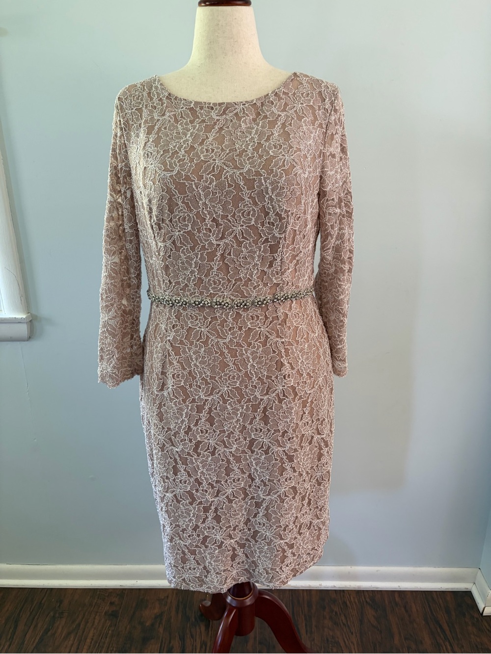 Cachet Lace Tan Sparkly Rhinestone Waist 3/4 Sleeve Stretchy Bride Fitted Dress